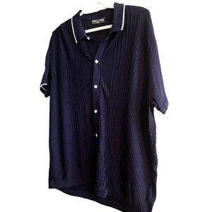 PJ Paul Jones Ribbed Button Down Men's Short Sleeve Polo Dark Blue White Collar